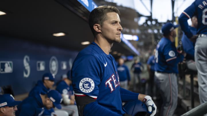 Jun 15, 2024; Seattle, Washington, USA; Texas Rangers shortstop Corey Seager (5) is pictured in the dugout before a game against the Seattle Mariners at T-Mobile Park. Mandatory Credit: Stephen Brashear-USA TODAY Sports