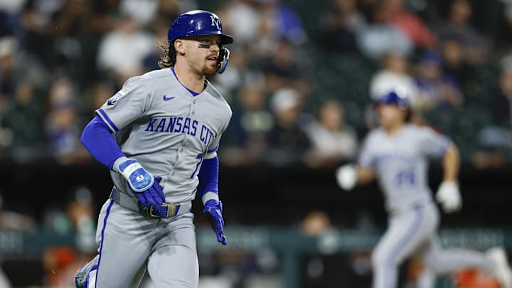Aug 27, 2025; Chicago, Illinois, USA; Kansas City Royals shortstop Bobby Witt Jr. (7) runs after hitting a two-run single against the Chicago White Sox during the fifth inning at Rate Field. Mandatory Credit: Kamil Krzaczynski-Imagn Images