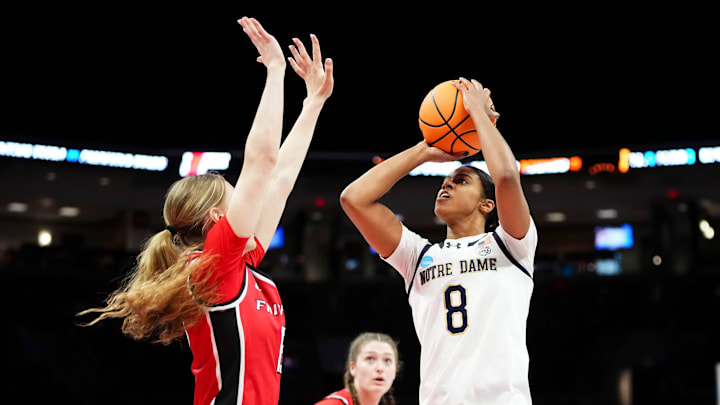 Notre Dame Fighting Irish guard Cassandre Prosper (8) shoots over Fairfield Stags forward Lauren Beach (15) during the first round of the NCAA women's basketball tournament at Ohio State's Schottenstein Center in Columbus on March 21, 2026. Notre Dame Fighting Irish guard Cassandre Prosper (8) shoots over Fairfield Stags forward Lauren Beach (15) during the first round of the NCAA women's basketball tournament at Ohio State's Schottenstein Center in Columbus on March 21, 2026.