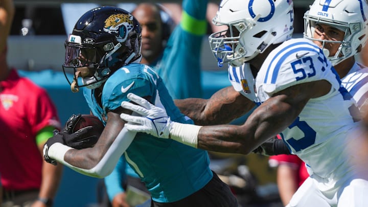 Indianapolis Colts linebacker Shaquille Leonard (53) tries to chase down Jacksonville Jaguars running back Travis Etienne Jr. (1) who scores a touchdown immediately after a teammate   s fumble recovery during game action at EverBank Stadium on Sunday, Oct 15, 2023, in Jacksonville.