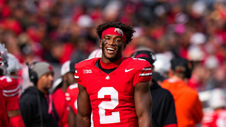 Ohio State safety Caleb Downs smiles during a game against Purdue.