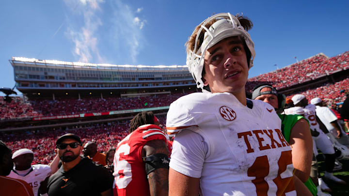 Texas Longhorns quarterback Arch Manning (16) leaves the field following the 14-7 loss to the Ohio State Buckeyes in the NCAA football game at Ohio Stadium on Aug. 30, 2025. Texas Longhorns quarterback Arch Manning (16) leaves the field following the 14-7 loss to the Ohio State Buckeyes in the NCAA football game at Ohio Stadium on Aug. 30, 2025.