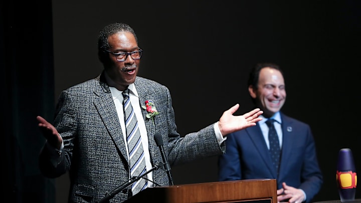 Local businessman Junior Bridgeman, left, injected some humor as he made remarks while Mayor Craig Greenberg looked on during the Keepers of the Dream: A Community Arts Celebration of Dr. King's Vision inside the Whitney Hall at the Kentucky Center in Louisville, Ky. on Jan. 15, 2023. Greenberg presented the Freedom Award to Bridgeman and Dawne Gee. The event recognized the legacy of Dr. Martin Luther King Jr. ahead of the national holiday in his honor.
Kings Keepers09 Sam Local businessman Junior Bridgeman, left, injected some humor as he made remarks while Mayor Craig Greenberg looked on during the Keepers of the Dream: A Community Arts Celebration of Dr. King's Vision inside the Whitney Hall at the Kentucky Center in Louisville, Ky. on Jan. 15, 2023. Greenberg presented the Freedom Award to Bridgeman and Dawne Gee. The event recognized the legacy of Dr. Martin Luther King Jr. ahead of the national holiday in his honor.
Kings Keepers09 Sam
