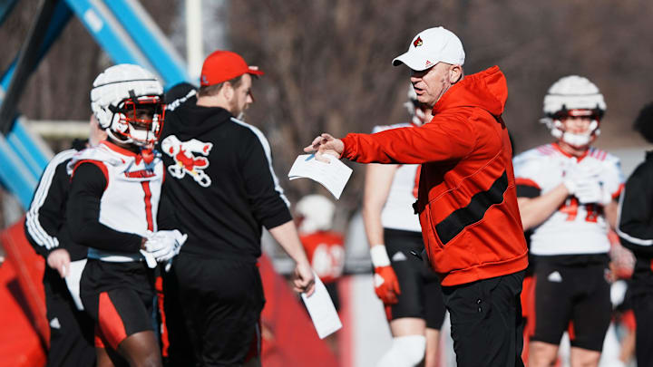 Louisville Head Coach Jeff Brohm conducts practice outside the Trager Center in Louisville, Ky. on Mar. 1, 2025.
