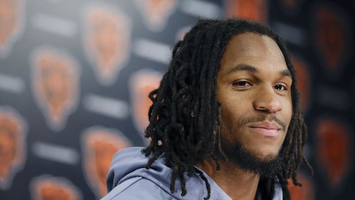 May 9, 2025; Lake Forest, IL, USA; Chicago Bears wide receiver Luther Burden III smiles during the Rookie Minicamp at Halas Hall. Mandatory Credit: Kamil Krzaczynski-Imagn Images