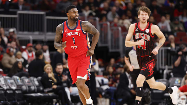 Dec 14, 2025; Chicago, Illinois, USA; New Orleans Pelicans forward Zion Williamson (1) reacts after scoring against the Chicago Bulls during the first half at United Center. Mandatory Credit: Kamil Krzaczynski-Imagn Images