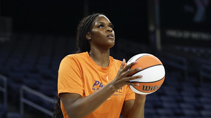 Aug 3, 2025; Chicago, Illinois, USA; Phoenix Mercury center Kalani Brown (21) warms up before a WNBA game against the Chicago Sky at Wintrust Arena. Mandatory Credit: Kamil Krzaczynski-Imagn Images