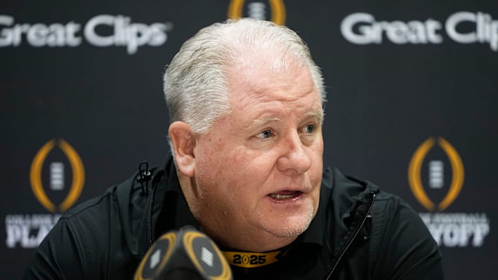 Ohio State Buckeyes co-offensive coordinator Chip Kelly speaks during Media Day for the College Football Playoff against the Notre Dame Fighting Irish at the Georgia World Congress Center in Atlanta on Jan. 18, 2025. Ohio State Buckeyes co-offensive coordinator Chip Kelly speaks during Media Day for the College Football Playoff against the Notre Dame Fighting Irish at the Georgia World Congress Center in Atlanta on Jan. 18, 2025.
