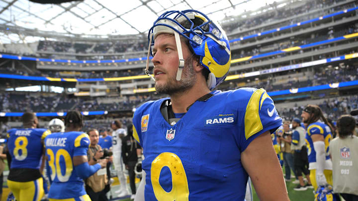Sep 28, 2025; Inglewood, California, USA; Los Angeles Rams quarterback Matthew Stafford (9) leaves the field after the game against the Indianapolis Colts at SoFi Stadium. Mandatory Credit: Jayne Kamin-Oncea-Imagn Images