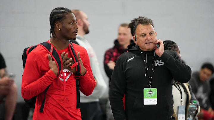 Ohio State Buckeyes wide receiver Carnell Tate talks to agent Drew Rosenhaus during Pro Day for NFL scouts at the Woody Hayes Athletics Center on March 25, 2026. Ohio State Buckeyes wide receiver Carnell Tate talks to agent Drew Rosenhaus during Pro Day for NFL scouts at the Woody Hayes Athletics Center on March 25, 2026.