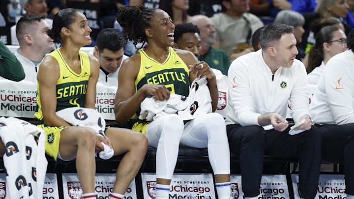 Jul 24, 2025; Chicago, Illinois, USA; Seattle Storm guard Skylar Diggins (4) and forward Nneka Ogwumike (3) smile as they sit on the bench during the second half of a basketball game against the Chicago Sky at Wintrust Arena. Mandatory Credit: Kamil Krzaczynski-Imagn Images Jul 24, 2025; Chicago, Illinois, USA; Seattle Storm guard Skylar Diggins (4) and forward Nneka Ogwumike (3) smile as they sit on the bench during the second half of a basketball game against the Chicago Sky at Wintrust Arena. Mandatory Credit: Kamil Krzaczynski-Imagn Images