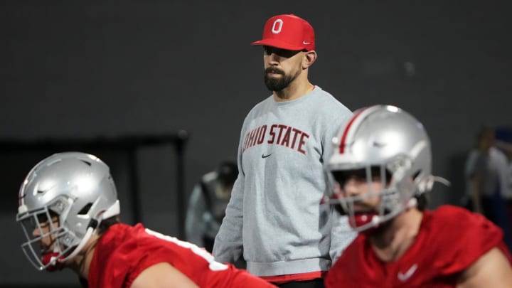 Mar 7, 2024; Columbus, OH, USA; Ohio State Buckeyes linebackers coach James Laurinaitis watches