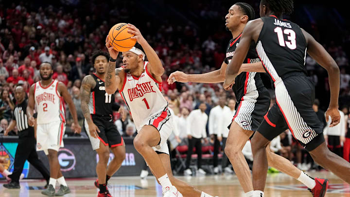Mar 26, 2024; Columbus, OH, USA; Ohio State Buckeyes guard Roddy Gayle Jr. (1) drives to the basket