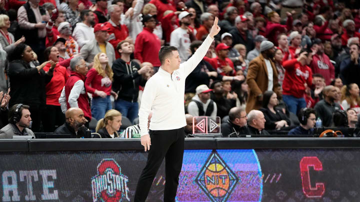 Mar 19, 2024; Columbus, OH, USA; Ohio State Buckeyes head coach Jake Diebler motions during the Mar 19, 2024; Columbus, OH, USA; Ohio State Buckeyes head coach Jake Diebler motions during the