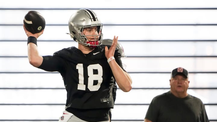 Mar 7, 2024; Columbus, OH, USA; Ohio State Buckeyes offensive coordinator Chip Kelly watches