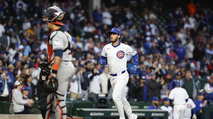 Apr 23, 2024; Chicago, Illinois, USA; Chicago Cubs outfielder Cody Bellinger (24) rounds the bases