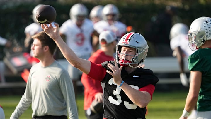 Ohio State Buckeyes quarterback Devin Brown (33) throws during practice for the Rose Bowl at Dignity Health Sports Park in Carson, Calif. on Dec. 30, 2024.