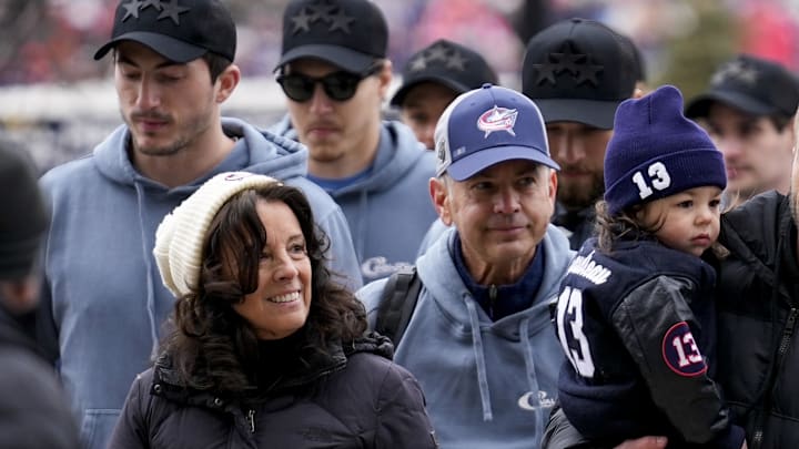Johnny Gaudreau’s mother Jane, and his father-in-law Ed Morris walk to the stadium before the NHL Stadium Series game between the Columbus Blue Jackets and the Detroit Red Wings at Ohio Stadium. 