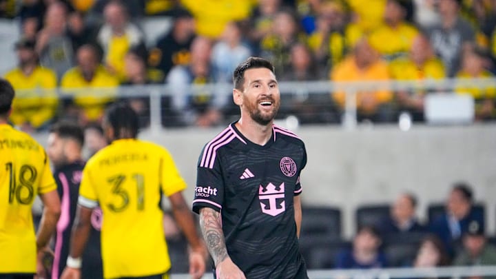 Oct 2, 2024; Columbus, OH, USA; Inter Miami CF forward Lionel Messi (10) smiles in the second half at Lower.com Field.