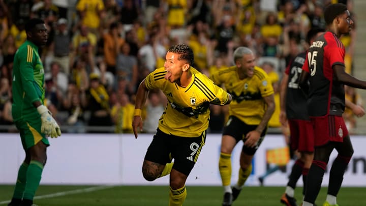 Jul 6, 2024; Columbus, OH, USA; Columbus Crew forward Cucho Hernandez (9) celebrates scoring a goal during the first half of the MLS soccer match against Toronto FC at Lower.com Field.