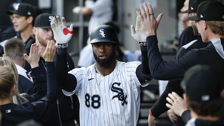 Apr 29, 2025; Chicago, Illinois, USA; Chicago White Sox center fielder Luis Robert Jr. (88) celebrates with teammates after hitting a solo home run against the Milwaukee Brewers during the first inning at Rate Field. Mandatory Credit: Kamil Krzaczynski-Imagn Images