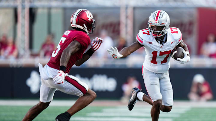 Sep 2, 2023; Bloomington, Indiana, USA; Ohio State Buckeyes wide receiver Carnell Tate (17) runs