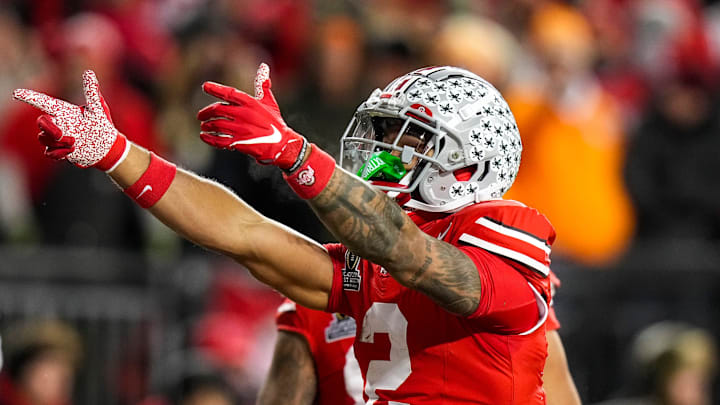 Ohio State Buckeyes wide receiver Emeka Egbuka (2) celebrates in the first half at Ohio Stadium on Saturday, Dec. 21, 2024 in Columbus, Ohio.