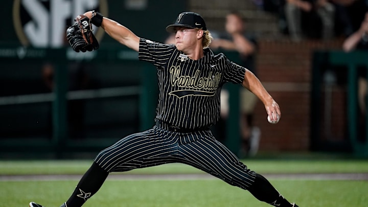 Vanderbilt pitcher JD Thompson (22) throws against Arkansas during the ninth inning at Hawkins Field in Nashville, Tenn., Thursday, May 18, 2023.