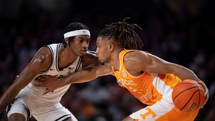 Vanderbilt Commodores guard MJ Collins Jr. (2) guards Tennessee Volunteers guard Chaz Lanier (2) during their game at Memorial Gym in Nashville, Tenn., Saturday, Jan. 18, 2025.