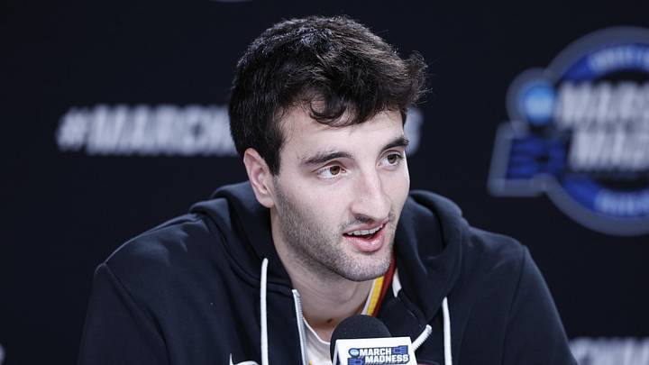 Mar 26, 2026; Chicago, IL, USA; Iowa State Cyclones forward Milan Momcilovic (22) speaks ahead of the Midwest regional of the men's 2026 NCAA Tournament at United Center. Mandatory Credit: Kamil Krzaczynski-Imagn Images
