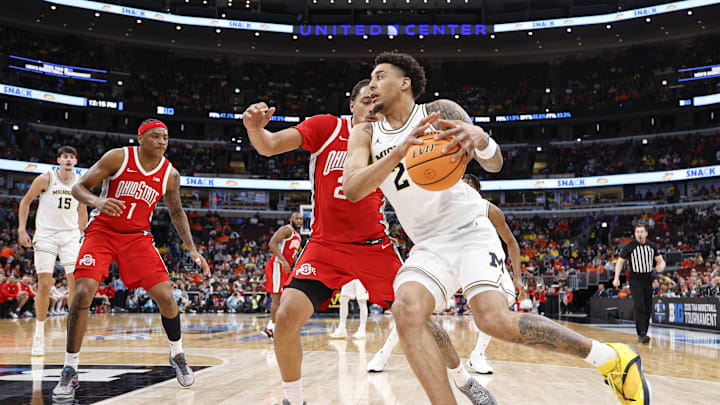 Mar 13, 2026; Chicago, IL, USA; Michigan Wolverines forward Yaxel Lendeborg (23) drives to the basket against the Ohio State Buckeyes during the second half at United Center. Mandatory Credit: Kamil Krzaczynski-Imagn Images