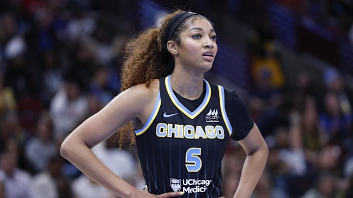Jun 7, 2025; Chicago, Illinois, USA; Chicago Sky forward Angel Reese (5) looks on during the first half of a WNBA game against the Indiana Fever at United Center. Mandatory Credit: Kamil Krzaczynski-Imagn Images Jun 7, 2025; Chicago, Illinois, USA; Chicago Sky forward Angel Reese (5) looks on during the first half of a WNBA game against the Indiana Fever at United Center. Mandatory Credit: Kamil Krzaczynski-Imagn Images