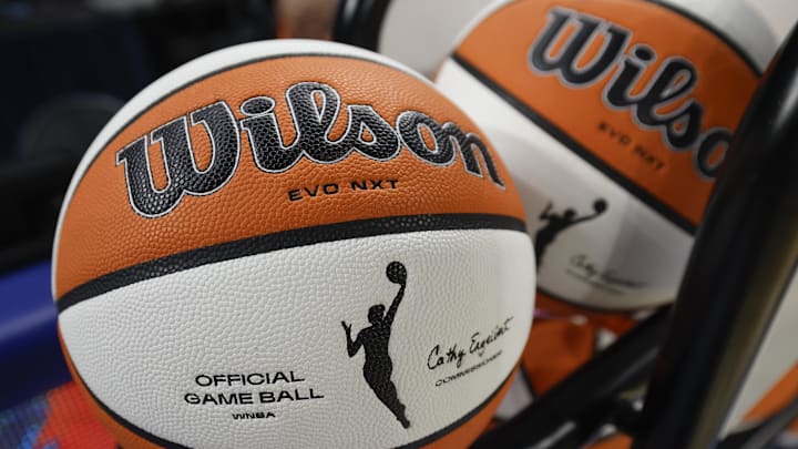 Jul 12, 2025; Chicago, Illinois, USA; Wilson basketball is seen before a WNBA game between the Chicago Sky and Minnesota Lynx at Wintrust Arena. Mandatory Credit: Kamil Krzaczynski-Imagn Images