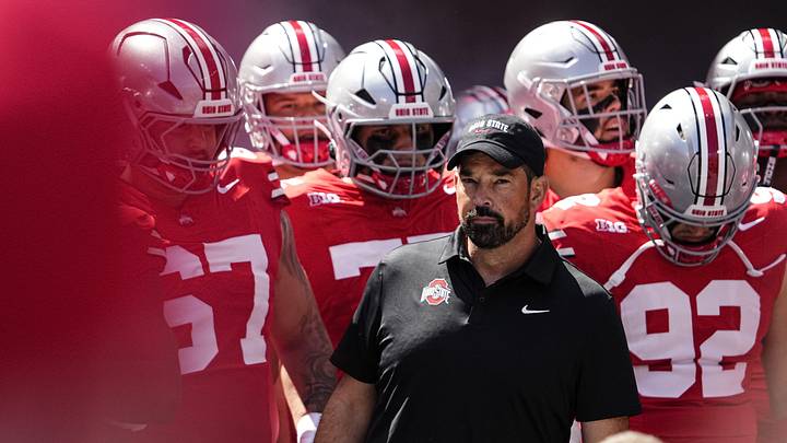 Ohio State Buckeyes head coach Ryan Day leads his team onto the field prior to the NCAA football game against the Texas Longhorns at Ohio Stadium on Aug. 30, 2025. Ohio State Buckeyes head coach Ryan Day leads his team onto the field prior to the NCAA football game against the Texas Longhorns at Ohio Stadium on Aug. 30, 2025.