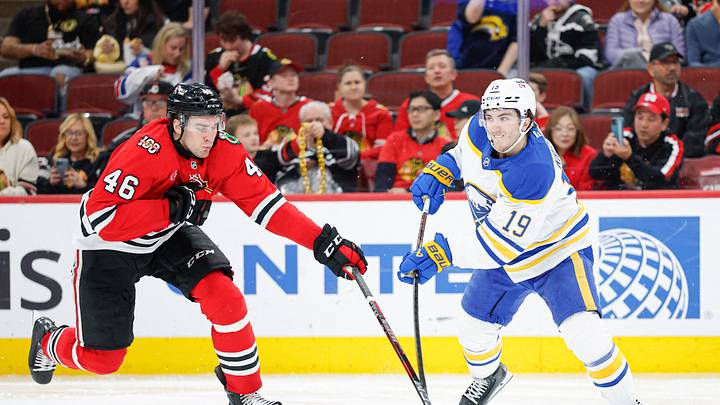 Apr 13, 2026; Chicago, Illinois, USA; Chicago Blackhawks defenseman Louis Crevier (46) battles for the puck with Buffalo Sabres center Peyton Krebs (19) during the second period at United Center. Mandatory Credit: Kamil Krzaczynski-Imagn Images Apr 13, 2026; Chicago, Illinois, USA; Chicago Blackhawks defenseman Louis Crevier (46) battles for the puck with Buffalo Sabres center Peyton Krebs (19) during the second period at United Center. Mandatory Credit: Kamil Krzaczynski-Imagn Images