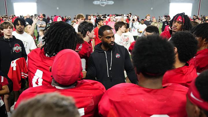 Ohio State Buckeyes wide receivers coach Cortez Hankton talks to his receivers during Student Appreciation Day spring practice at the Woody Hayes Athletic Center on April 4, 2026. Ohio State Buckeyes wide receivers coach Cortez Hankton talks to his receivers during Student Appreciation Day spring practice at the Woody Hayes Athletic Center on April 4, 2026.