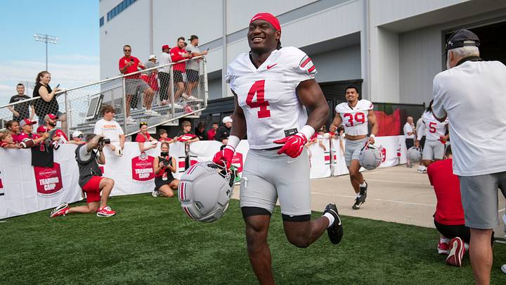 Ohio State Buckeyes defensive end Qua Russaw (4) takes the field during the first practice of training camp at the Woody Hayes Athletic Center in Columbus on Aug. 6, 2026. Ohio State Buckeyes defensive end Qua Russaw (4) takes the field during the first practice of training camp at the Woody Hayes Athletic Center in Columbus on Aug. 6, 2026.