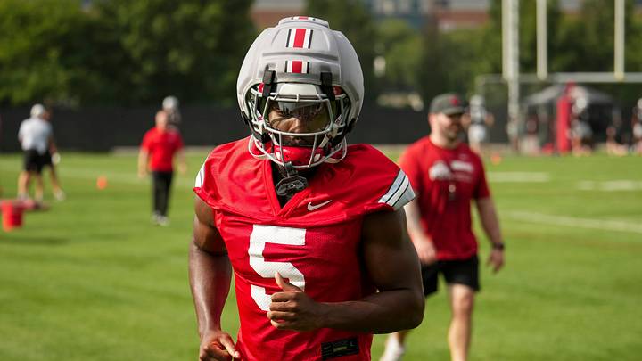 Ohio State Buckeyes wide receiver Kyle Parker (5) runs during the first practice of training camp at the Woody Hayes Athletic Center in Columbus on Aug. 6, 2026. Ohio State Buckeyes wide receiver Kyle Parker (5) runs during the first practice of training camp at the Woody Hayes Athletic Center in Columbus on Aug. 6, 2026.