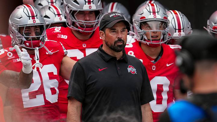 Ohio State Buckeyes head coach Ryan Day leads the team onto the field for the NCAA football game against the Ball State Cardinals at Ohio Stadium in Columbus on Sept. 5, 2026.