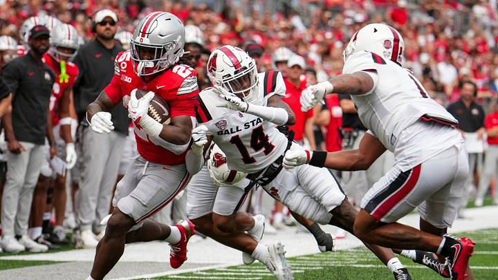 Ball State Cardinals defensive back Anthony Pinnace (14) hits Ohio State Buckeyes running back Bo Jackson (25) during the NCAA football game at Ohio Stadium in Columbus on Sept. 5, 2026. Ball State Cardinals defensive back Anthony Pinnace (14) hits Ohio State Buckeyes running back Bo Jackson (25) during the NCAA football game at Ohio Stadium in Columbus on Sept. 5, 2026.