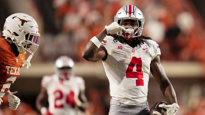 Ohio State Buckeyes wide receiver Jeremiah Smith (4) celebrates a catch during the NCAA football game against the Texas Longhorns at Darrell K Royal–Texas Memorial Stadium in Austin, Texas on Sept. 12, 2026.