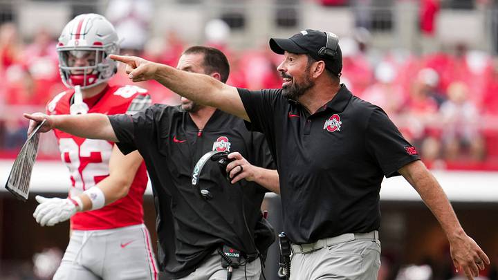 Ohio State Buckeyes head coach Ryan Day motions during the NCAA football game against the Kent State Golden Flashes at Ohio Stadium in Columbus on Sept. 19, 2026. Ohio State won 59-3.