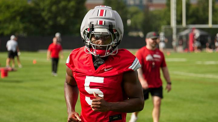 Ohio State Buckeyes wide receiver Kyle Parker (5) runs during the first practice of training camp at the Woody Hayes Athletic Center in Columbus on Aug. 6, 2026.
