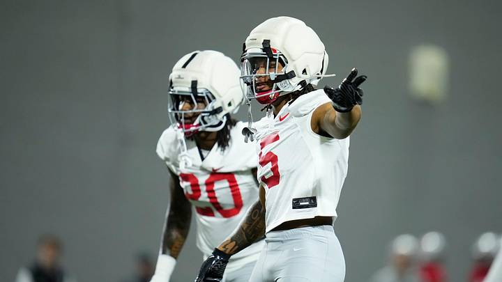 Ohio State Buckeyes linebacker Riley Pettijohn (5) motions beside linebacker Cincere Johnson (20) during the first day of spring workouts for the 2026 football season at Woody Hayes Athletic Complex in Columbus on March 10, 2026.