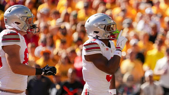 Ohio State Buckeyes wide receiver Devin McCuin (3) reacts after scoring a touchdown during the NCAA football game against the Iowa Hawkeyes at Kinnick Stadium in Iowa City on Oct. 3, 2026.