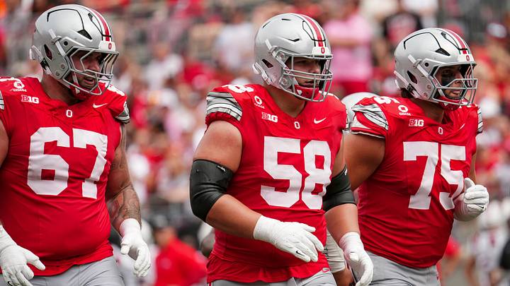 Ohio State Buckeyes offensive linemen offensive lineman Austin Siereveld (67), offensive lineman Gabe Vansickle (58) and offensive lineman Carson Hinzman (75) line up during the NCAA football game against the Ball State Cardinals at Ohio Stadium in Columbus on Sept. 5, 2026. Ohio State Buckeyes offensive linemen offensive lineman Austin Siereveld (67), offensive lineman Gabe Vansickle (58) and offensive lineman Carson Hinzman (75) line up during the NCAA football game against the Ball State Cardinals at Ohio Stadium in Columbus on Sept. 5, 2026.