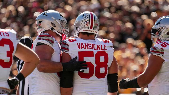Ohio State Buckeyes offensive lineman Austin Siereveld (67) talks to offensive lineman Gabe Vansickle (58) after a false start penalty during the NCAA football game against the Iowa Hawkeyes at Kinnick Stadium in Iowa City on Oct. 3, 2026. Ohio State Buckeyes offensive lineman Austin Siereveld (67) talks to offensive lineman Gabe Vansickle (58) after a false start penalty during the NCAA football game against the Iowa Hawkeyes at Kinnick Stadium in Iowa City on Oct. 3, 2026.