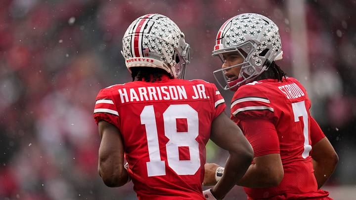 Ohio State Buckeyes quarterback C.J. Stroud (7) celebrates a touchdown by wide receiver Marvin Harrison Jr. (18) during the first half of the NCAA football game against the Indiana Hoosiers at Ohio Stadium in Columbus, Ohio, on Nov. 12, 2022.