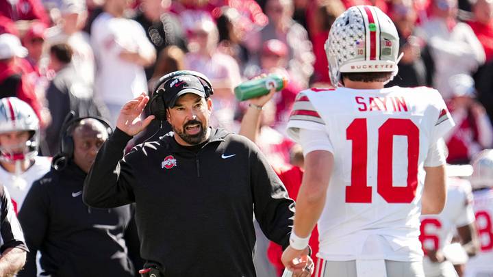 Ohio State Buckeyes head coach Ryan Day talks to Ohio State Buckeyes quarterback Julian Sayin (10) during the NCAA football game against the Indiana Hoosiers at Memorial Stadium Stadium in Bloomington, Ind. on Oct. 17, 2026. Ohio State Buckeyes head coach Ryan Day talks to Ohio State Buckeyes quarterback Julian Sayin (10) during the NCAA football game against the Indiana Hoosiers at Memorial Stadium Stadium in Bloomington, Ind. on Oct. 17, 2026.