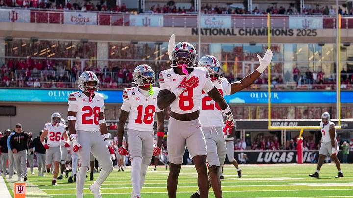 Ohio State Buckeyes safety Jaylen McClain (8) celebrates a sack fumble during the NCAA football game against the Indiana Hoosiers at Memorial Stadium Stadium in Bloomington, Ind. on Oct. 17, 2026. Ohio State Buckeyes safety Jaylen McClain (8) celebrates a sack fumble during the NCAA football game against the Indiana Hoosiers at Memorial Stadium Stadium in Bloomington, Ind. on Oct. 17, 2026.